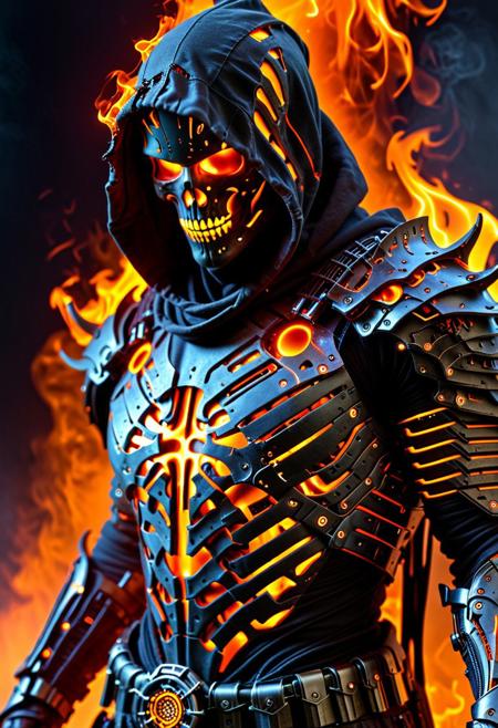 dark rugged realm, phantom warrior emerges from the shadows, clad in tattered black cyberpunk armor, etched with fiery orange circuitry, like a dark mechanical specter, The figure's face is shrouded in an impenetrable black hood, with only two blazing orange optics piercing the darkness, like hot coals from a malevolent forge, The armor is shifting and writhe like living darkness, with orange neon-like energy bleeding from the cracks,