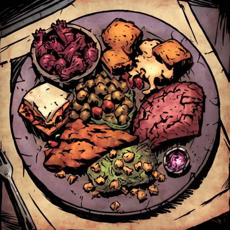 high-quality 4k hd comic book artwork in dgst artstyle from above of a plate filled with food