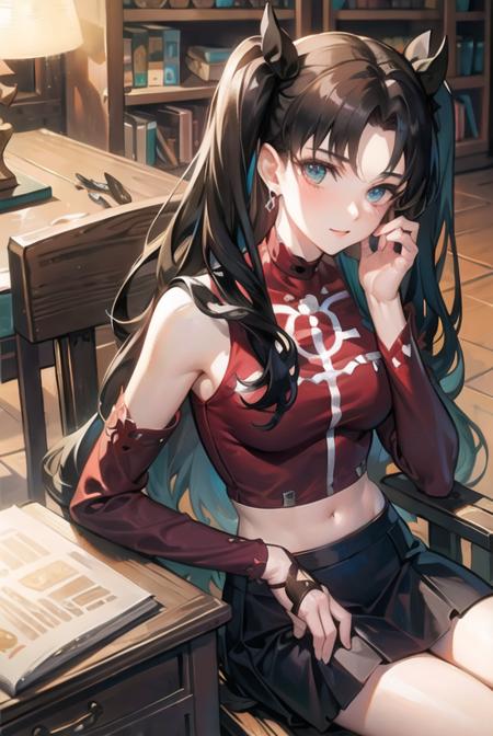 (masterpiece, best quality:1.4), (8k:1.3), ultra-detailed, highly detailed, extremely detailed light and shadow, Tyndall Effect, best light, 
1girl, (tohsaka-rin:1.3), twintails, (extremely detailed face:1.2), close-up, long messy hair, midriff, black skirt, loose socks, earrings, 
the study, the bookshelves, the desk full of books, the kerosene lamp, the sun shines into the study, the dust shines in the sun, the leather chair, primitive interior decoration, occult atmosphere, magic and fantasy,