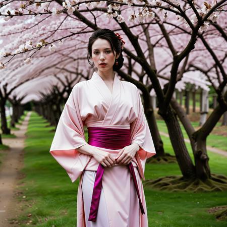 (((pale skin))), RAW full body analogue photo of a beautiful 20 years old black hair woman, a woman posing in a traditional Japanese setting surrounded by cherry blossom trees. the image also shows a serene and peaceful atmosphere. on the middle of the image, a 20 years old woman with light skin and hair tied up in a bun with a red ribbon, wearing a pink kimono with a floral pattern and a purple sash, appears to be looking directly at the viewer with a neutral expression. she has realistic eyes and is wearing red earrings. Rembrandt style light, Hasselblad DLSR camera, 200mm Zeiss lens, f/2.8 ,Sexy pose, erotic pose, exhibitionism,,<lora:Brenna_SDXL:0.6>.