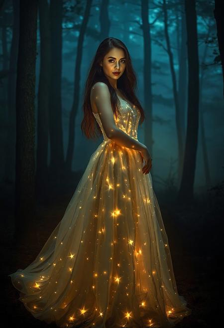 Fantasy portrait of a woman wearing a luminous, star-studded dress in a mystical forest at night. The dress should be long and flowy, with tiny lights embedded in the fabric, creating a magical effect. The forest should be dark and atmospheric, with tall trees and a hazy mist. The woman should have long, dark hair and a captivating gaze. Emphasize the contrast between the glowing dress and the dark forest.