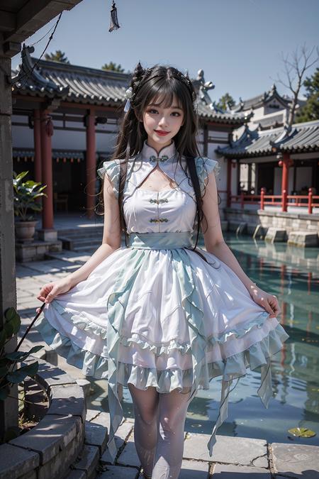 best quality, masterpiece, realistic, (photorealistic:1.4), 1girl, solo, full body, looking at viewer, smile, cns attire, white dress, pantyhose, detailed background, standing, chinese garden, water, <lora:cns_dress_style6_v2:0.7>