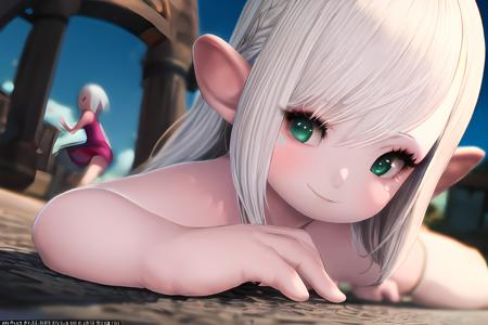 masterpiece, high quality, 
1girl, girl, lalafell,  <lora:new_lalav5-14:1>,
A gentle giant with kind eyes and a warm smile.  <lora:add_detail:0.5>, Platinum hair, green eyes,Doing a push-up,Tired, (colored_eyelashes:1.2)