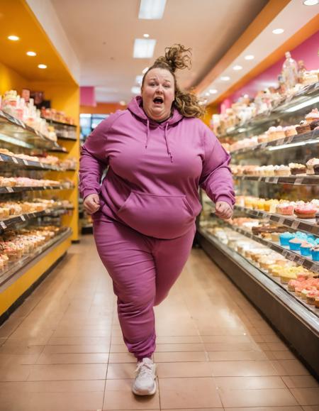 ugly unattractive young woman,bad skin,(fat:1.3),bad teeth,balding,in a cake store,obese,oily hair,tracksuit,full body,running towards the camera,receding hairline,
vivid colors,cinematic angle,(cake:1.3),(candy:1.3),