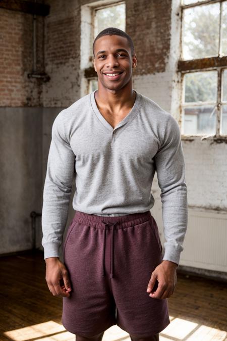 RAW Photo, photo of (light-skinned) African American man sc_chad3 <lora:sc_chad3-06:0.75> in an (old-school gymnasium) wearing a classic heather gray henley shirt, charming radiant smile, vintage-style deep burgundy cotton gym shorts, reminiscent of the 1940s and 1950s, natural light, soft diffused illumination, nostalgic, determination, confident, vintage aesthetic