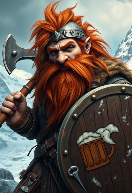 masterpiece, detailed, realistic full body shot
dwarf, warrior and leader
Male, Wild Red Hair and Beard
Blue eyes
Large, hawk-like nose, broken several times; large scar from forehead to jaw
Mighty ax in one hand and sturdy shield with an image of a foaming beer mug in the other hand
Armor: Helmet, Breastplate, Bracers, Greaves,
Rough and stubborn, in a snowy mountain landscape