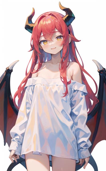 (colorful:1.1),(masterpiece:1.2),best quality, masterpiece,simple background, (white background:0.8),

cowboy shot,1girl,solo,dragon girl, dragon horns,dragon wings,  dragon tail, red hair, long hair, yellow eyes,smile,

oversized shirt,shirt,off shoulder,naked shirt,bare legs,borrowed garments, 

<lora:uenomigi-loha-000003:1>