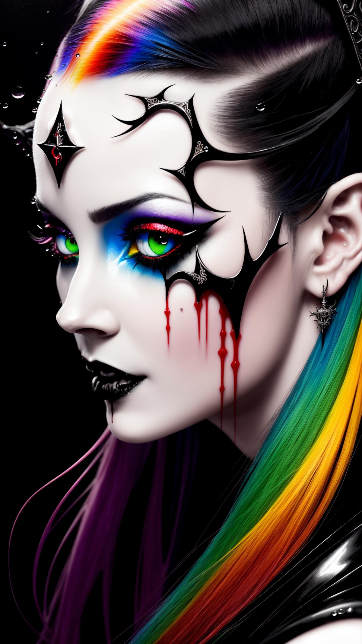 A woman with colorful makeup, including green eyeshadow and blood dripping down her face.