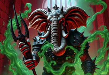A terrifying evil elephant-headed man with two trunks. Wearing spiked armor. Holding a barbed trident. Surrounded by green swirling gas. Red prison walls in the background.  In the style of a fantastical horror film.