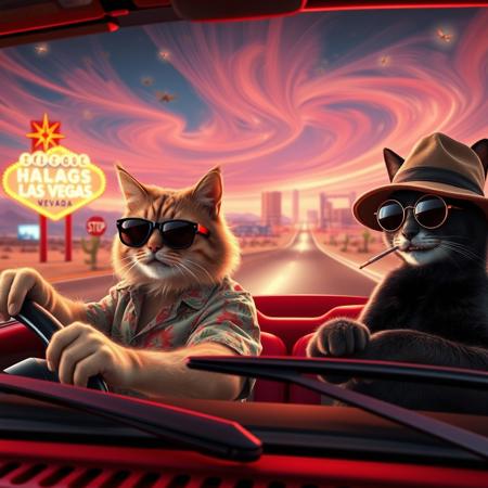 (((PERSPECTIVE FROM THE SIDE OF THE CAR))) of Two cats in a red convertible speeding down a desert highway toward a neon-lit Las Vegas skyline. The scene mirrors the iconic ‘Fear and Loathing in Las Vegas’ shot, but with feline travelers. (((The driver, a scruffy tabby in oversized aviator sunglasses and a Hawaiian shirt, grips the wheel with a wild expression. The passenger, a sleek black cat in a bucket hat and round tinted glasses, leans back with a smug grin, a cigarette dangling from its mouth and paws gesturing as he talks))).  Windshield visible with glowing luminescent bugs on it, ((perspective looking from the driver side)), exaugurated eyes and smile, smoking a joint, 
The environment is infused with psychedelic energy—distorted road signs melt into the horizon, the sky swirls with surreal colors, and cacti appear to sway and stretch. The desert landscape warps in a heatwave haze, while neon reflections shimmer in the car’s chrome details. The perspective is exaggerated and chaotic, capturing the frenetic, trippy atmosphere of the original scene in a humorous and feline twist.