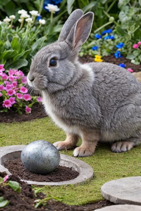 Blue Darkgray dwarf rabbit, garden,lsdr,masterpiece,natural pic, realistic background