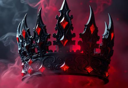 dark and ornate crown, adorned with jagged gemstones, intricate demonic symbols carved into black metal, glowing faintly with crimson energy, dark ethereal smoke rising from the crown, jagged horns extending from the sides, pulsating with infernal power, deep red and black hues, glowing runes circling the crown, high resolution, photorealism, ((masterpiece)), soft crimson light illuminating the surroundings, dark magic radiating from within, revered and feared artifact, ancient demonic power, sharp angular design, a mist of dark energy enveloping the crown
