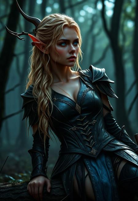 High resolution of ultra-realistic Beautiful Elven Archer girl, ultra-realistic body, perfect athletic body, Attractive Elf girl, artgem, WLOP, sitting on a stump in a dark forest, beautiful Sadie Sink as Elf Archer girl, night of the full moon, realistic elven leather armour, defiant and seductive, covered in dirty and blood, cinematic colors Lighting, extremely detailed, 8K, wavy blonde hair, realistic dirty pale face, realistic blue eyes, beautiful Elf girl on in dark fantasy cool outfit, hyper-detailed, hyper-realistic, Attractive 21 old years Elf woman, Attractive, beautiful firm Breasts, wet and sweaty skin, Dark fantasy style, Dark fantasy atmosphere, sharp focus, digital painting, Photograph Taken on Nikon D750, Alphonse Mucha, 8K, athletic figure, Hyperdetailed, hyperrealism, attractive woman, beautiful woman of athletic body, Attractive bust girl, asymmetric balance