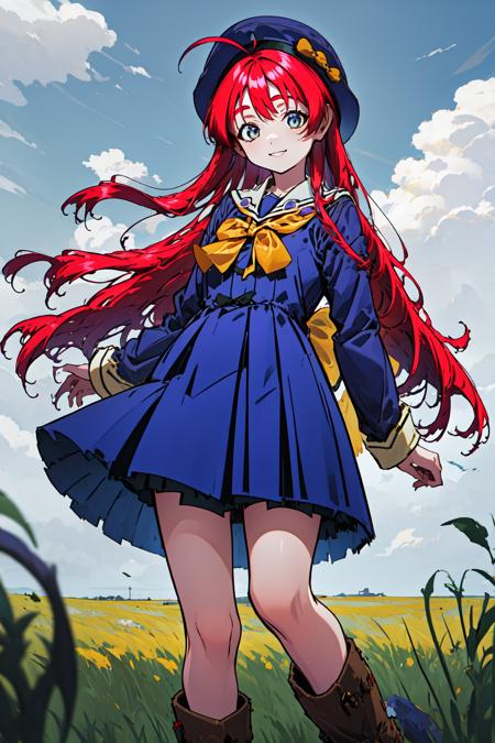 mainami, blue eyes, red hair, very long hair, antenna hair, hair between eyes, blue headwear, bow, school uniform, long sleeves, blue dress,