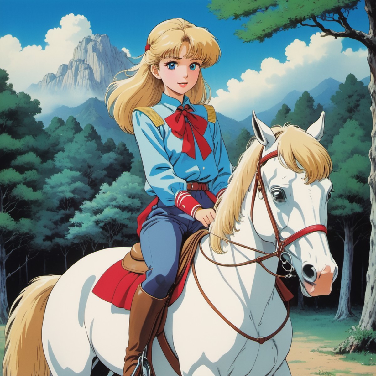 a pretty girl riding a horse, 80s anime