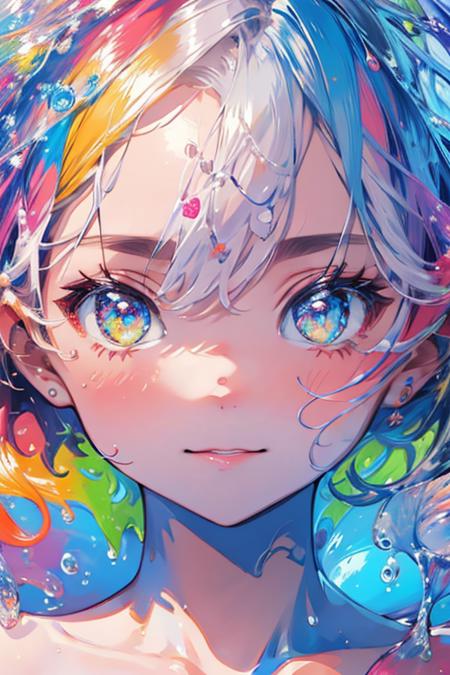 <lora:ttcolor_v1:1>,ttcolor,1girl,solo, (masterpiece,best quality), colorful, water drop,bubble,floating hair:1.5,floral print, multicolored background, official art,portrait, close-up, extreme close-up view, looking at viewer,, (flat color:1.3),(colorful:1.3),original, extremely detailed wallpaper,floating colorful water,