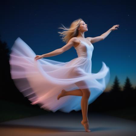 Fairy tale Music, emotions, expression of feelings, started to focus on the moment, awakens emotions, girl, blonde hair, levitate, dancing, Magic realism painting art style, surreal compositions, vibrant colors, blurs the line between reality and fantasy, long exposure photography, streaking lights, smooth motion, dreamy landscapes, ethereal atmosphere, light painting, creative expression, time manipulation, surreal effects, captivating visuals, artistic interpretation, immersive experience, unique perspective . Magical, fantastical, enchanting, storybook style, highly detailed