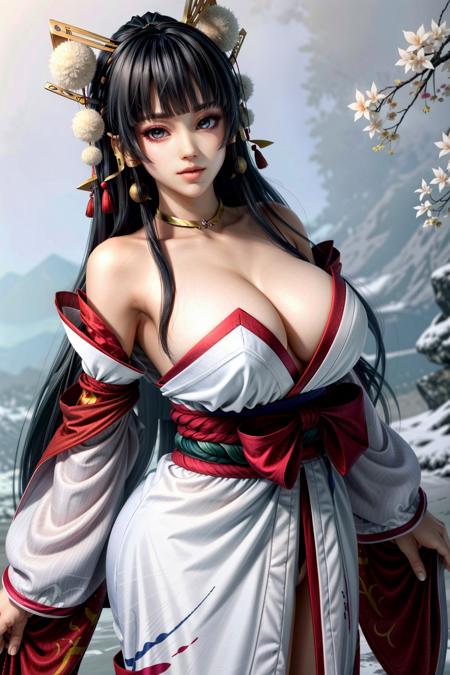 (masterpiece, best quality:1.3)
<lora:epi_noiseoffset2:1> <lora:add_detail:0.7>  <lora:DOANyotengu:0.8>
DOANyotengu, 1girl, solo, long hair, breasts, looking at viewer, bangs, large breasts, hair ornament, red eyes, hat, holding, cleavage, bare shoulders, upper body, detached sleeves, japanese clothes, wide sleeves, blunt bangs, kimono, lips, sash, makeup, hair tubes, mole under mouth, tokin hat, hand fan, pom pom \(clothes\), hime cut, hair stick