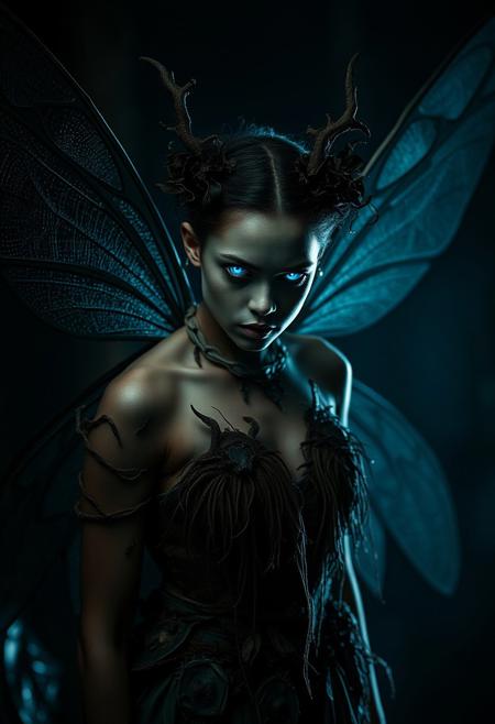 An evocative dark fantasy photography. The central figure is a once-elegant forest african fairy, now corrupted by sinister forces. She has buterfly wings like attributes, a pale complexion, glowing blue eyes. Her once-lush attire is now tattered and overgrown with the transparency  that she once represented. The background is dark and foreboding, reflecting the fairy's lost beauty and anger. The overall atmosphere is cinematic and conceptual, immersing the viewer in a world of dark fantasy., cinematic, dark fantasy