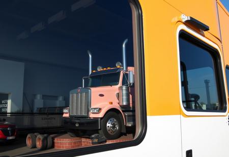 In the window of a large Kenworth 4S store sits a Kenworth W990 truck