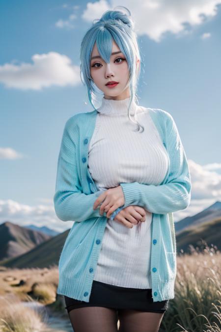 ultra-detailed,highly detailed,best quality,masterpiece,illustration,
1girl,xuenv,cosplay, cowboy shot, 
sweater,shirt,open cardigan, skirt,hair bun,braid,bangs,pantyhose, looking at viewer, 
aqua sweater,aqua hair,
standing,outdoors, nature, mountain, cloudy sky, grass,wind,
<lora:xuenv_v1_07:0.5>