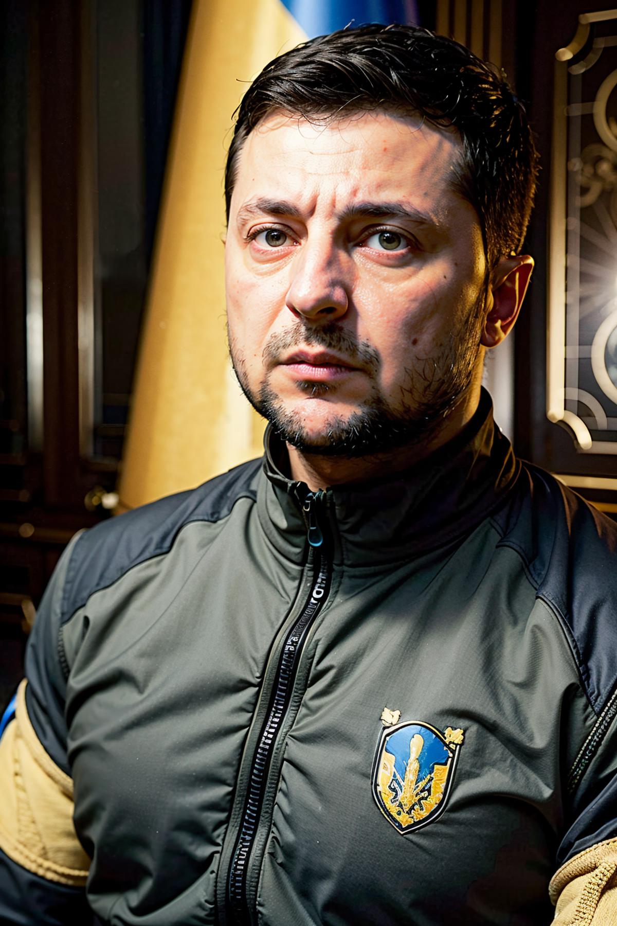 Man wearing a black and grey jacket with a blue logo.