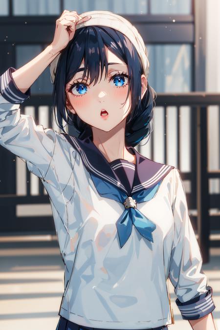 1girl, AmanaiRiko, solo, school_uniform, sailor_collar, serafuku, letterboxed, braid, blue_sailor_collar, looking_at_viewer, long_hair, upper_body, open_mouth, parted_lips, bangs, :o, shirt  <lora:chara_AmanaiRiko:0.8>