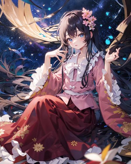 houraisan kaguya, 1girl, solo, red skirt, pink shirt, long sleeves, hair ornament, hair flower, wide sleeves, flower, blue eyes, bamboo, feet out of frame, sitting, closed mouth, looking at viewer, night, star (sky), one-hour drawing challenge, frilled sleeves, sky, night sky, starry sky, sidelocks,   <lora:HouraisanKaguyaV1-000008:1>,