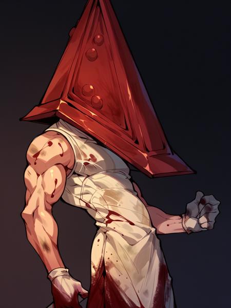 pyramid head, male focus, solo, muscular, helmet, pale skin holding sword,