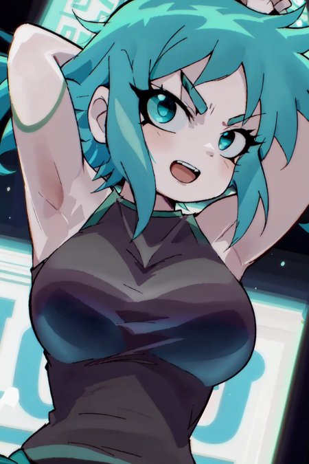 <lora:ScottPilgrim:1>ScottPilgrim Style, 1girl, solo, looking at viewer, open mouth, large breasts, shirt, upper body, teeth, sleeveless, armpits, black eyes, arms up, v-shaped eyebrows, black shirt, aqua hair