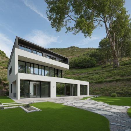 a single house on a hill, the house is entirely made of an element from the Periodic Table, high detail, hdr, elemental garden, complex house design