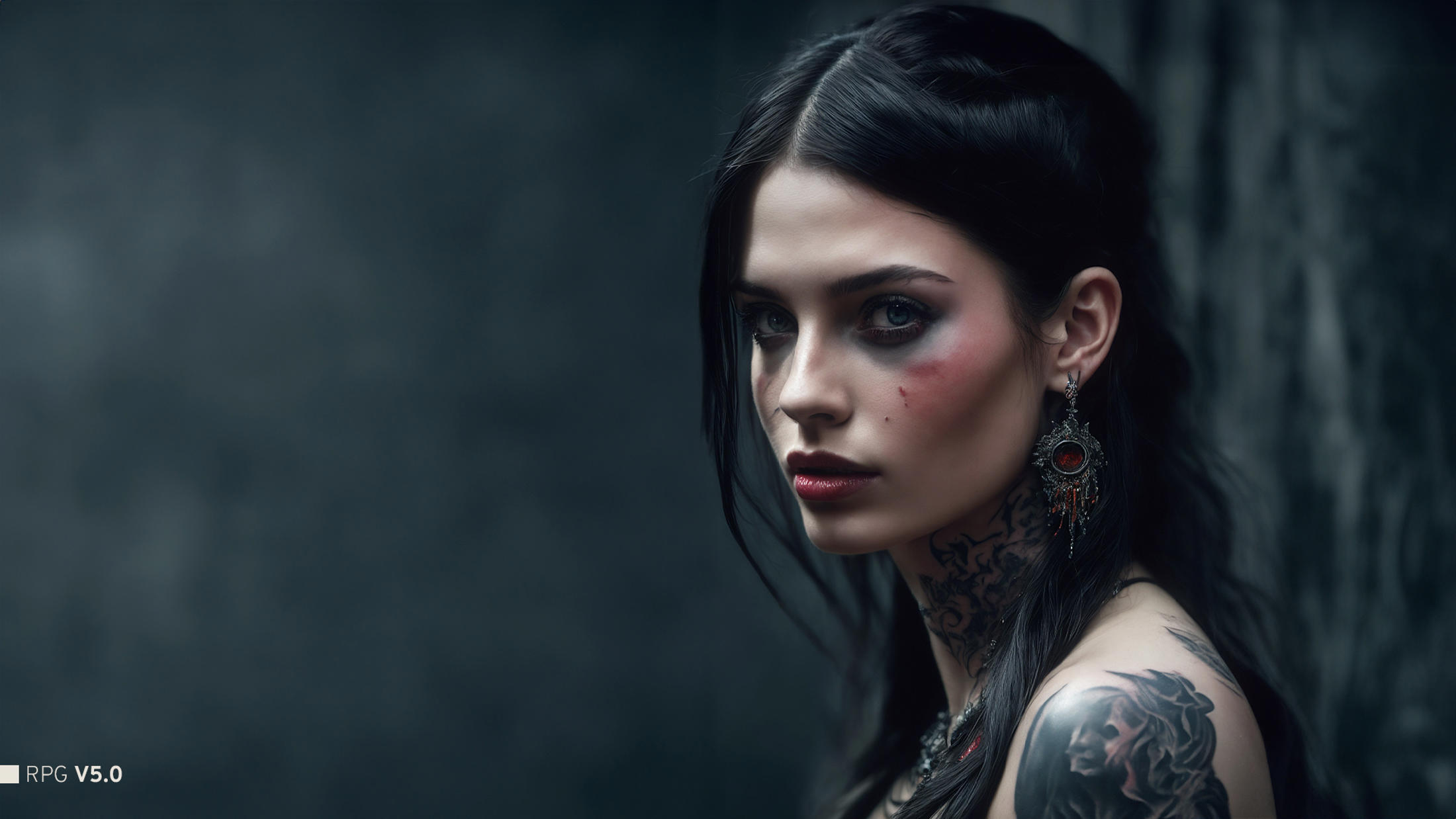 A woman with a tattooed face and lipstick, looking away from the camera.