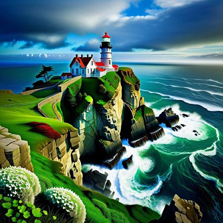 A breathtaking coastal landscape featuring rugged gray cliffs covered in patches of vibrant green moss and grass. Atop the cliffs sits a lighthouse, standing near a single tall tree. The churning ocean waves crash against the jagged rocks below, creating a misty spray. The horizon stretches into the distance, where a soft blue hue merges with the cloudy, overcast sky, evoking a tranquil yet slightly melancholic mood. The image captures the raw beauty of nature and the harmony of solitude.