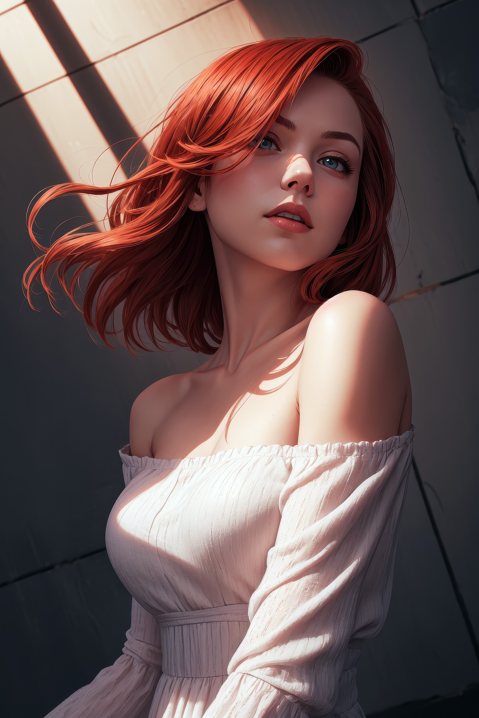 beautiful redhead girl, off shoulder paillette dress, cinematic lighting, perfect shading, dynamic angle, amazing composit...