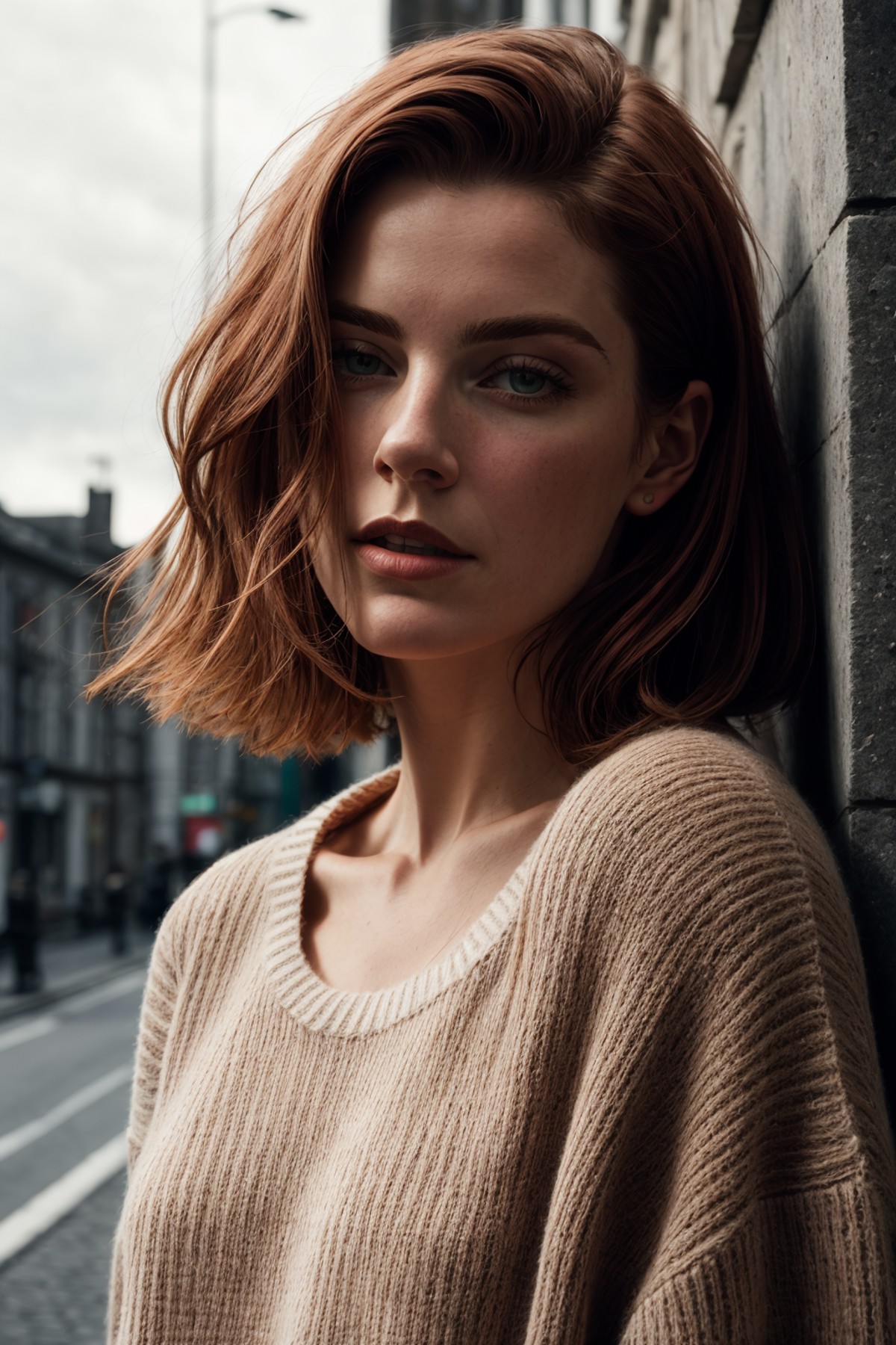 RAW photo of Muirgheal MacCarrick with sweater, red hair, Photorealistic, Hyperrealistic, Hyperdetailed, low cut, detailed...