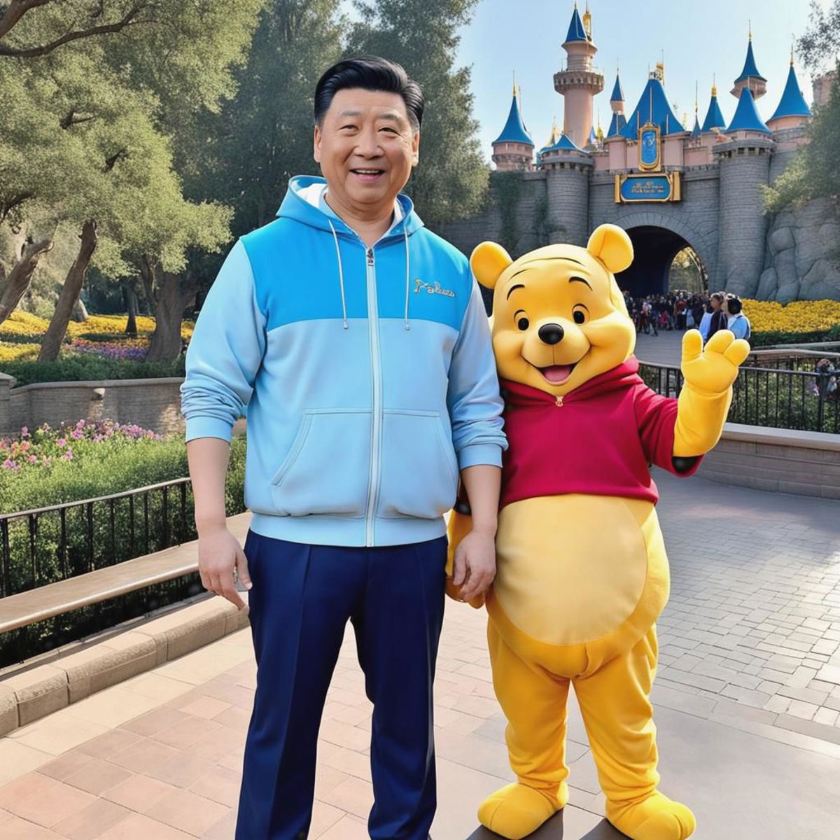 Man posing next to a Winnie the Pooh character in front of a castle.