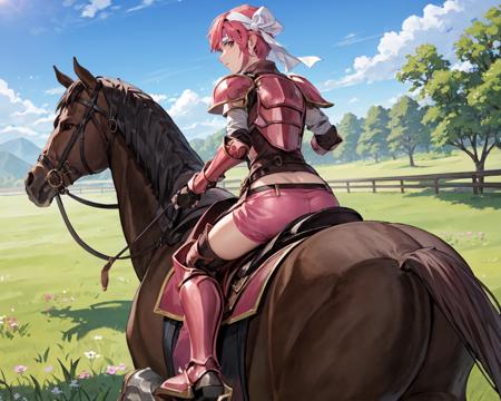 from behind,ass,<lora:cecilV3:0.9>,cecil,<lora:horseback_ridingV1:0.85>,horseback_riding,(horse,riding a horse,saddle,reins:1),dark pink hair,white headband,armored boots, shoulder armor,looking at viewer,fingerless gloves, pauldrons, gauntlets,knee boots, greaves,pink shorts,thighs, faulds,on grass, outdoors,(masterpiece, best quality, ultra-detailed, best shadow)