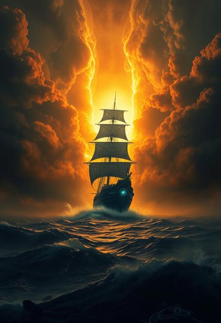 A mysterious ship appearing out of a glowing rift in the sky, sails billowing with unnatural cosmic winds.
dark cinematic maritime fantasy, mysterious cyberpunk figures, dramatic stormy seascapes, glowing celestial skies, painterly textures, intense chiaroscuro lighting, mythic futuristic sailors, towering ghostly ships, misty neon-lit ocean horizons, surreal atmospheric depth, moody golden-hour glow, cybernetic explorers, cosmic sea voyages, gritty yet luminous color palette, surreal dreamlike oceanic landscapes