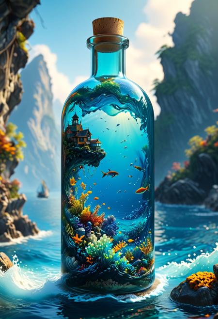 A stunning landscape encapsulated in a bottle, floating atop the sea, is creatively depicted in this detailed matte painting. The deep colors, fantastical elements, and intricate details come together to create a mesmerizing splash screen. The harmonious blend of complementary colors adds depth to the fantasy concept art, which has gained popularity on Artstation and is now showcased in 8K resolution using Unreal Engine 5.