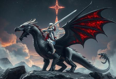Epic full-body image of Galaxy Knight standing on a black Chimeratech Fortress Dragon, with a detailed 4K rendering. The Galaxy Knight, in silver and black armor with red and blue accents, wields the Celestial Sword - Eatos. The dragon stands in front of a Majestic Star Dragon, creating a dynamic and captivating composition. The image showcases intricate details, harmonious colors, sharp lines, and stunning colors. Rendered with Octane, it features vivid emotions and a powerful message. (76 words)