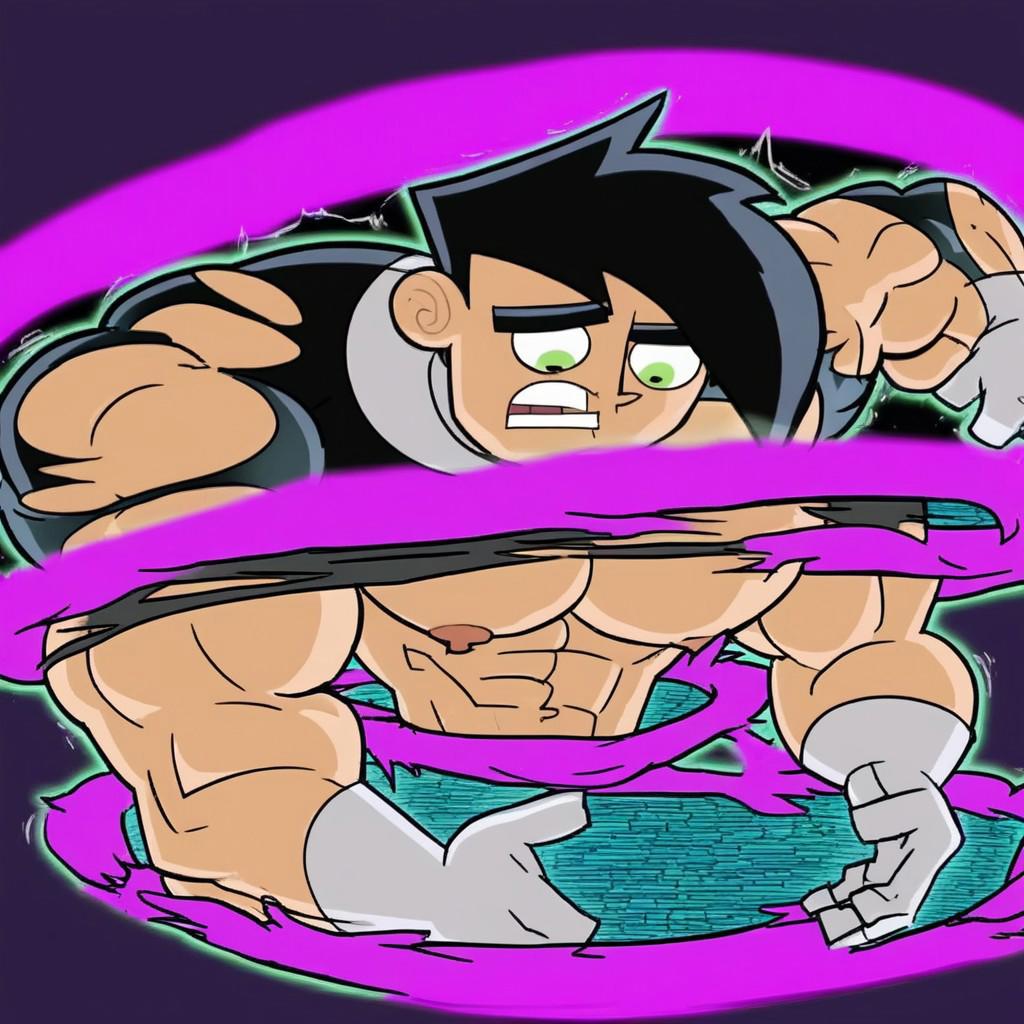 danny fenton,black hair,short hair,Portal_TG,1boy,transformation,muscular,muscle growth,muscle transformation