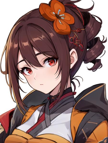 best quality, masterpiece, highres, detailed, digital artwork, <lora:Tools - add_detail:0.2>, ChioriGenshin, red eyes, brown hair, ponytail, short hair, drill hair, orange dress, traditional clothes, head flower, relaxed, <lora:Character - ChioriGenshin:0.9>, simple white background,