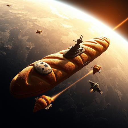 Space photograph of the main French line space battleship, the battleship is a French baguette, a long yummy bread with a crispy crust, this marvelous culinary space ship is cruising between the Moon and the Earth accompanied by smaller croissant and chocolatine spaceships