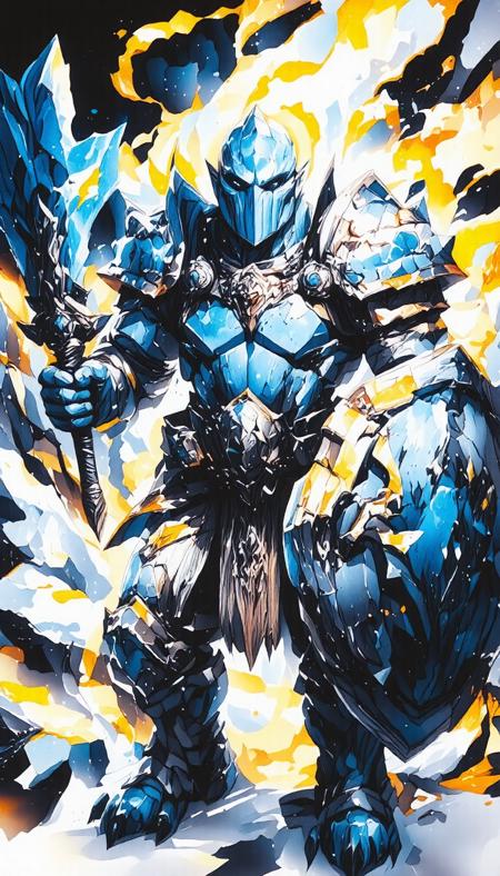 solo, score_9, score_8_up, score_7_up, score_6_up, hd, stunning scenario, realistic, wide angle, full body shot. A wide shot of a ice giant, square jaw, masculine traits, blue skin with a full set of bones armour.
On one hand he holds a magic sword and shield. The light effects from the spell reflect off his armor and the surrounding ruins, intensifying the arcane spectacle.  embedding:badhandv4.pt   embedding:easynegative.safetensors   ArsMJStyle, Watercolor, DB4RZ, DB4RZ style painting