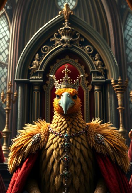 A King chocobo wearing a crown, in front of a royal court, throne, inside castle