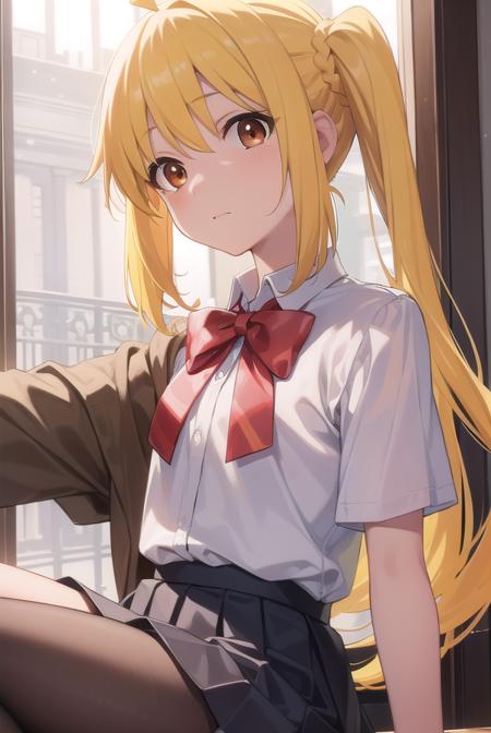 nijikaijichi, <lora:nijikaijichitest:1>, nijika ijichi, ahoge, (yellow hair:1.5), (brown eyes:1.7), long hair, one side up, (flat chest:1.2),
BREAK black skirt, bow, bowtie, collared shirt, pleated skirt, polka dot, polka dot bow, red bow, red bowtie, red footwear, shirt, shoes, short sleeves, skirt, socks, white shirt, white socks,
BREAK looking at viewer,
BREAK indoors, classroom,
BREAK <lora:GoodHands-vanilla:1>, (masterpiece:1.2), best quality, high resolution, unity 8k wallpaper, (illustration:0.8), (beautiful detailed eyes:1.6), extremely detailed face, perfect lighting, extremely detailed CG, (perfect hands, perfect anatomy),