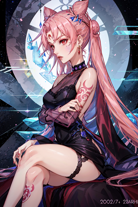 <lora:BlackLady:0.8> Dark_Lady, 1girl, solo, long hair, red eyes, dress, bare shoulders, jewelry, sitting, very long hair, pink hair, earrings, choker, hair bun, nail polish, black dress, dated, lips, double bun, tattoo, profile, makeup, facial mark, crossed arms, lipstick, crescent, aged up, backless outfit, forehead mark, realistic, nose, red lips, bare back, cone hair bun, backless dress, crescent facial mark, crystal earrings