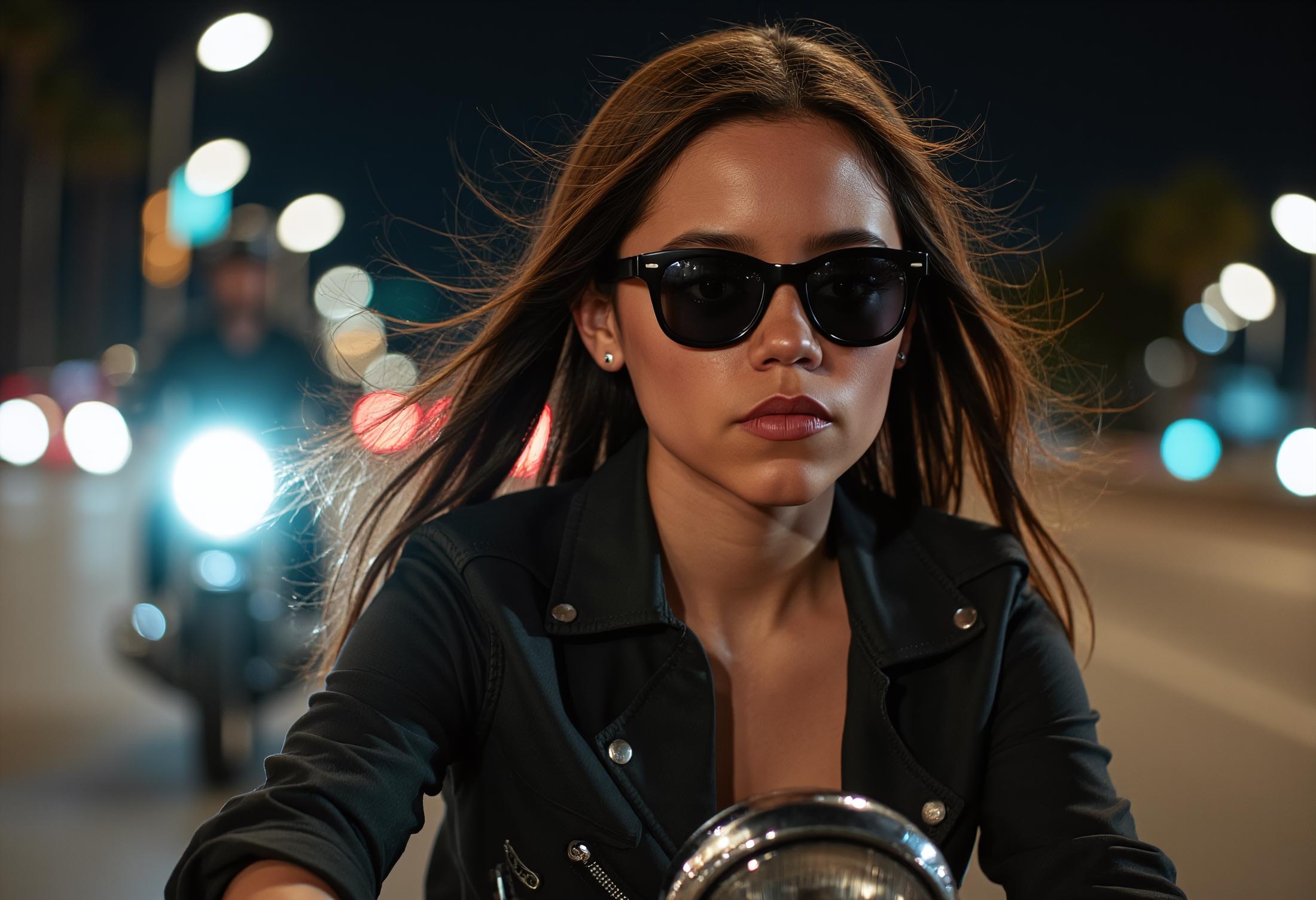 focus is on the woman, closeup headshot of 18 year old woman with a serious look, wearing dark sunglasses, shotgun over the shoulder, riding a harley davidson chopper, through the streets of los angles at night,  at the bottom text reads a news feed  "Riding your Bear to work day"