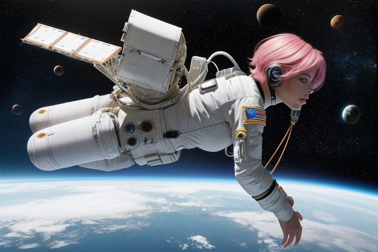 side view of a spaceship, pink hair female astronaut outside tethered to the spaceship, tethered to spaceship, in deep space