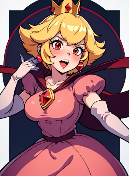 best quality, (masterpiece:1.5),(ultra-detailed), (high quality:1.3), (high resolution), <lora:shadowpeach:0.7>,1girl, blonde hair, blush, breasts, cape, collarbone, crown, dress, earrings, elbow gloves, gloves, jewelry, large breasts, lipstick, looking at viewer, makeup, open mouth, puffy short sleeves, red eyes, shadowpeach, short hair, smile, solo, skirt,